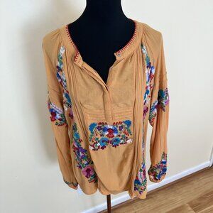 Sundance Womens Boho Embroidered Peasant Blouse L Viscose India Floral Orange